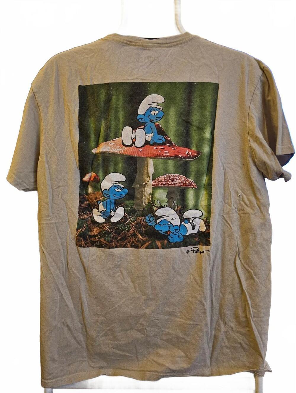 Officially Licensed Smurfs Beige T-Shirt Mushroom Graphic Tee Large uni EUC